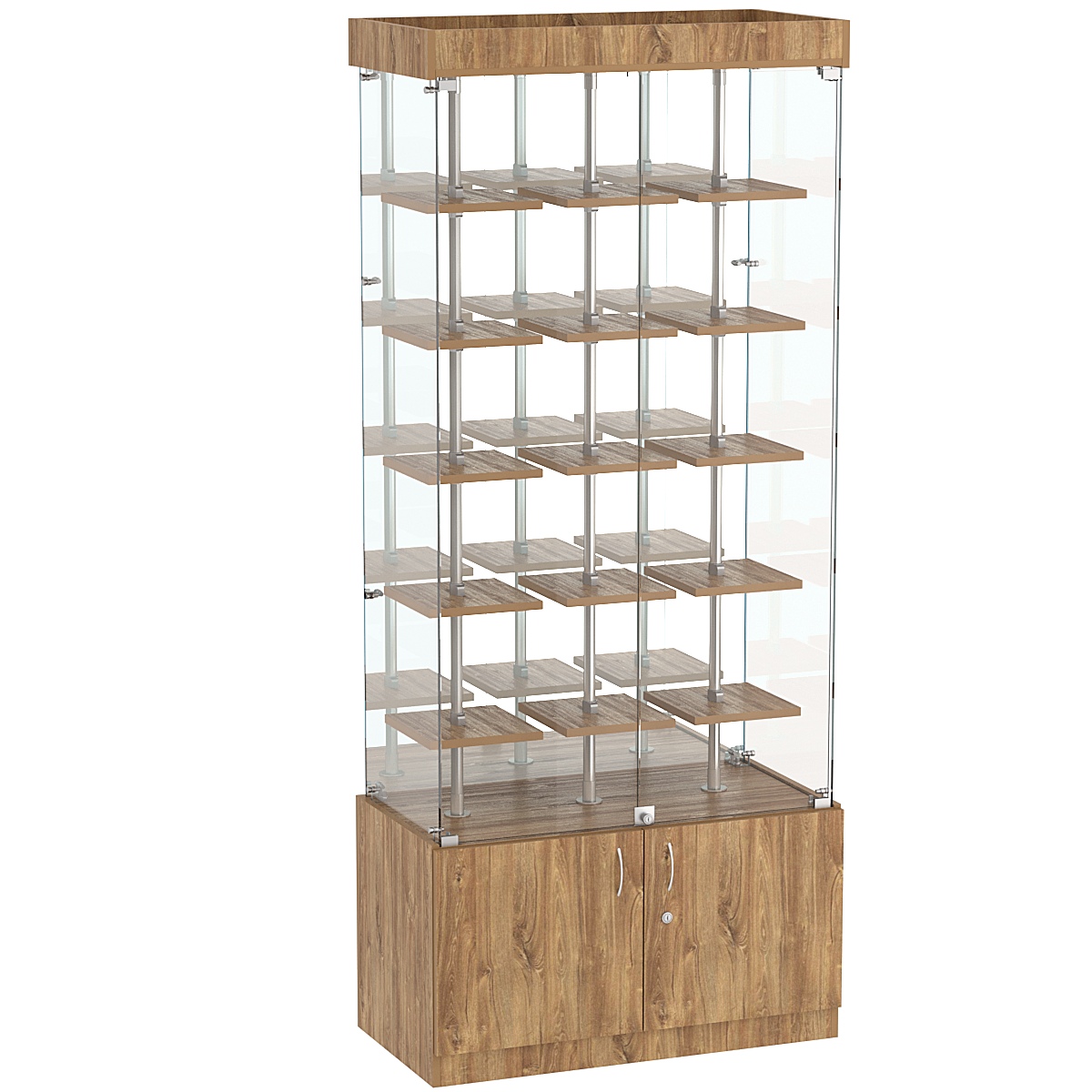 Стеклянная торговая витрина с зеркальной стенкой и маленькими полками ДСП серии Протон №3-1 Дуб канзас коричневый Н1113 ST10