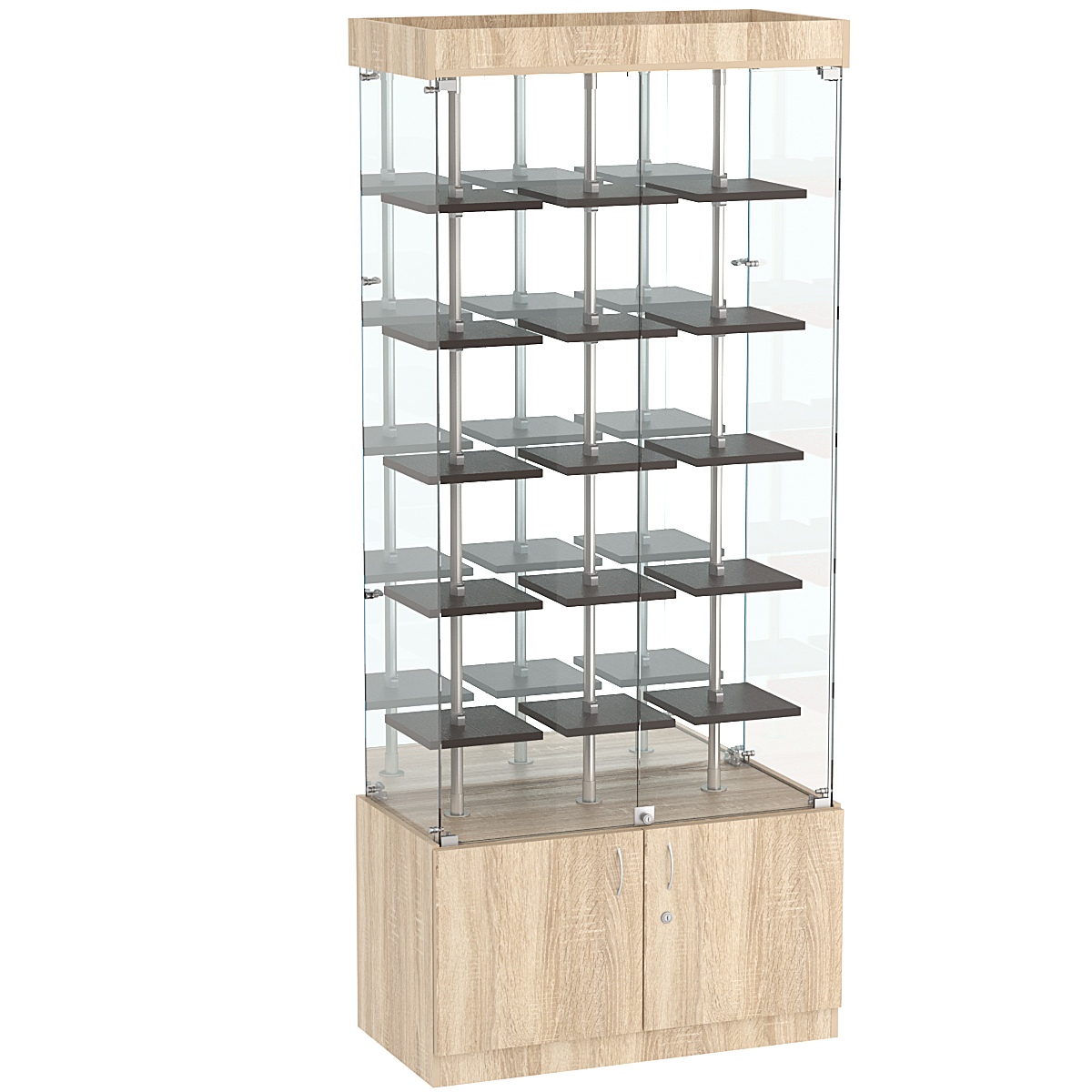 Стеклянная торговая витрина с зеркальной стенкой и маленькими полками ДСП серии Протон №3-1 Дуб Сонома + Дуб Венге