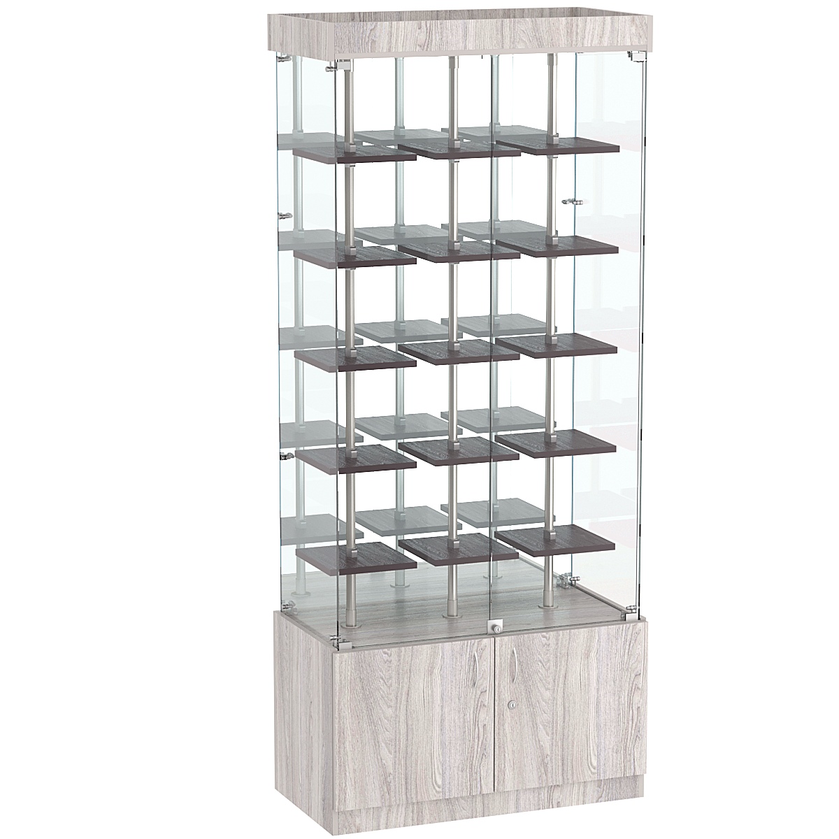 Стеклянная торговая витрина с зеркальной стенкой и маленькими полками ДСП серии Протон №3-1 Ясень Анкор светлый + Ясень Анкор темный