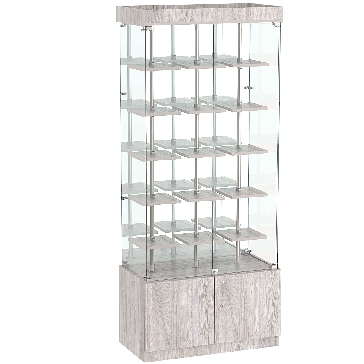 Стеклянная торговая витрина с зеркальной стенкой и маленькими полками ДСП серии Протон №3-1 Ясень Анкор светлый - U31104