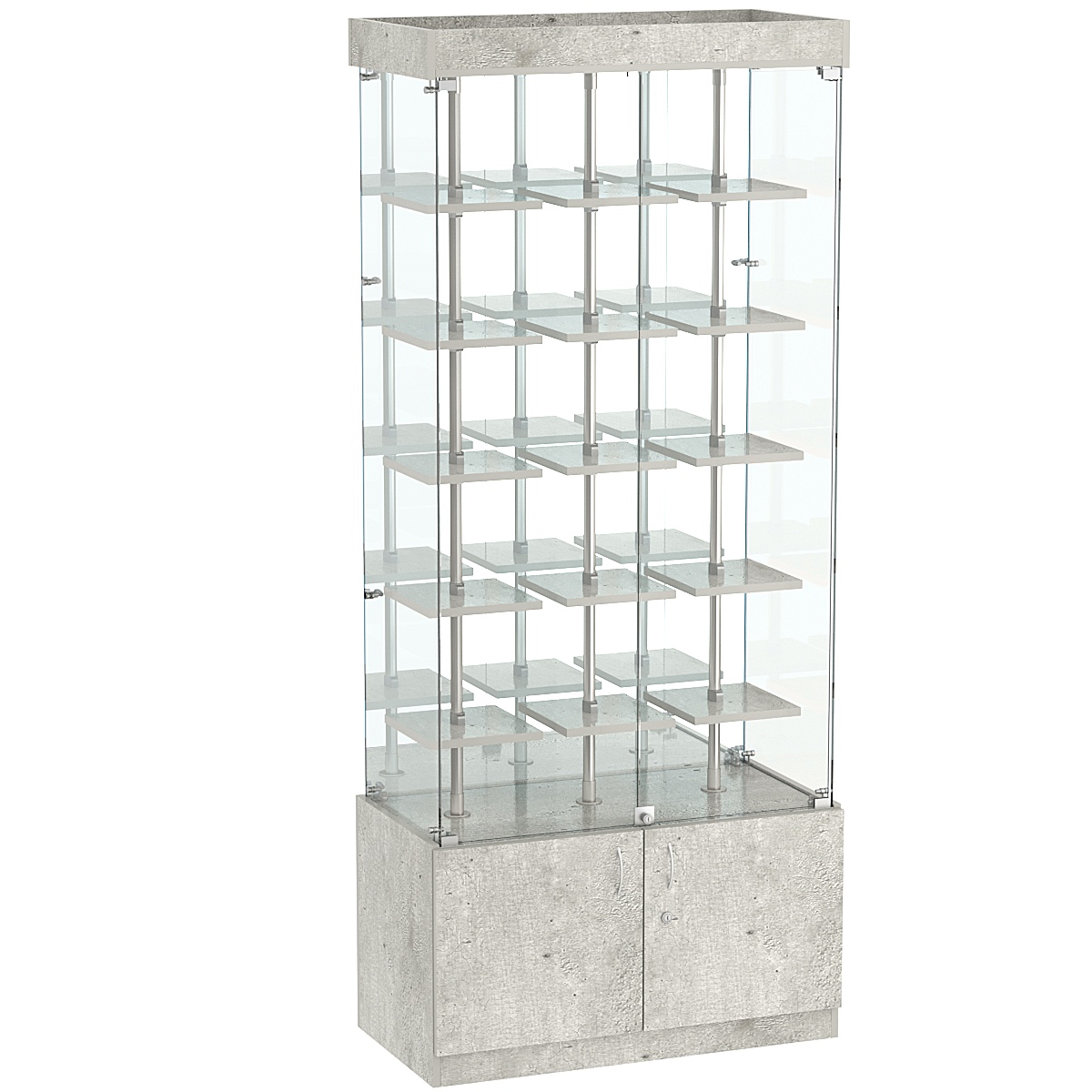 Стеклянная торговая витрина с зеркальной стенкой и маленькими полками ДСП серии Протон №3-1 Метрополитан Грей