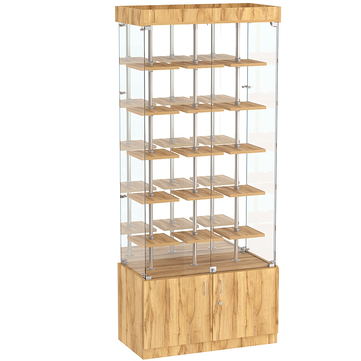 Стеклянная торговая витрина с зеркальной стенкой и маленькими полками ДСП серии Протон №3-1 Дуб Золотистый