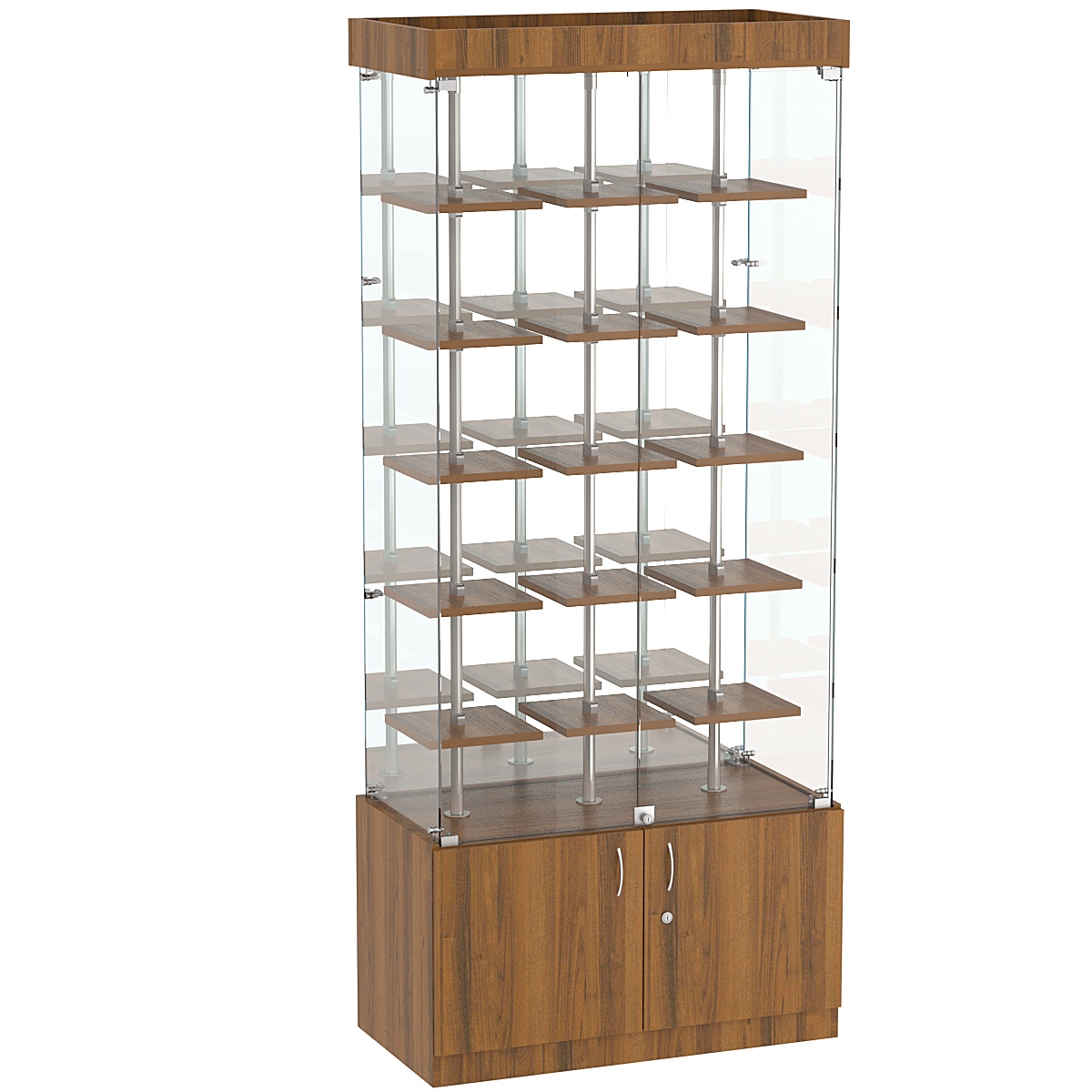Стеклянная торговая витрина с зеркальной стенкой и маленькими полками ДСП серии Протон №3-1 Орех