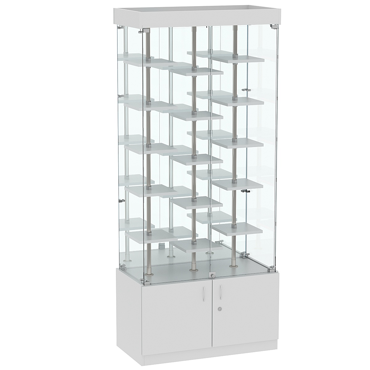 Стеклянная торговая витрина с тридцатью маленькими полками ДСП серии Протон №3-2 Серый