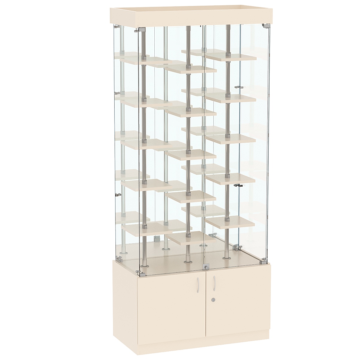 Стеклянная торговая витрина с тридцатью маленькими полками ДСП серии Протон №3-2 Крем Вайс