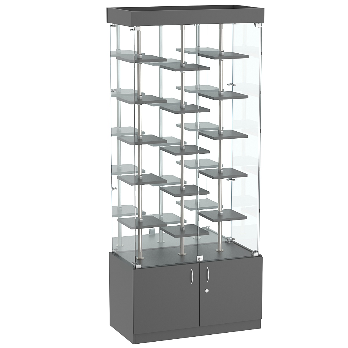 Стеклянная торговая витрина с тридцатью маленькими полками ДСП серии Протон №3-2 Темно-Серый