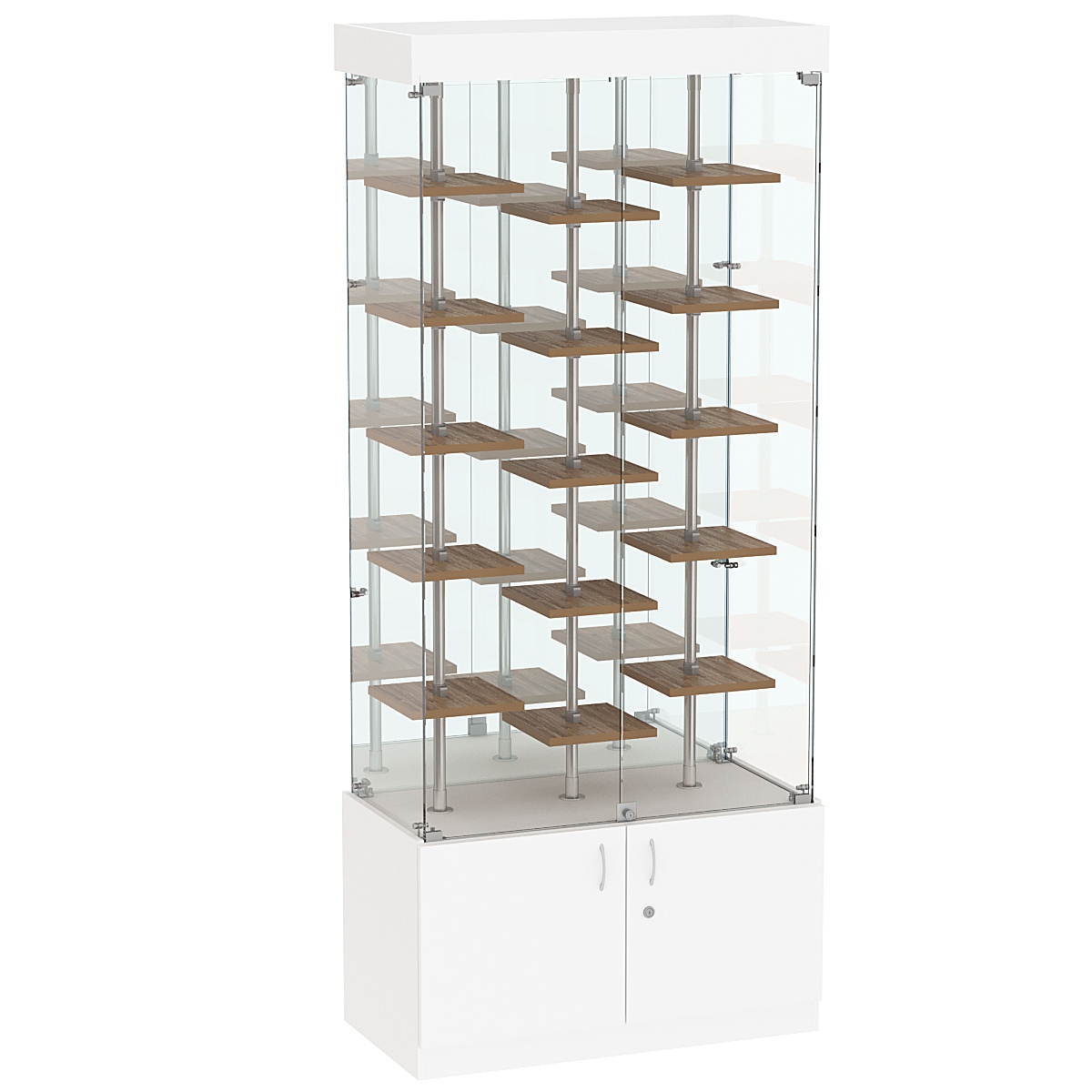 Стеклянная торговая витрина с тридцатью маленькими полками ДСП серии Протон №3-2 Белый + Дуб Канзас коричневый