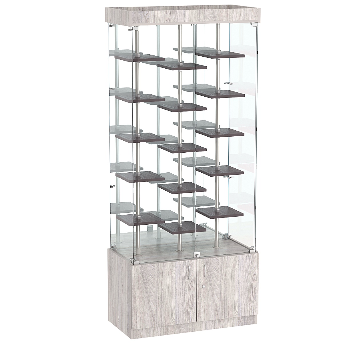 Стеклянная торговая витрина с тридцатью маленькими полками ДСП серии Протон №3-2 Ясень Анкор светлый + Ясень Анкор темный