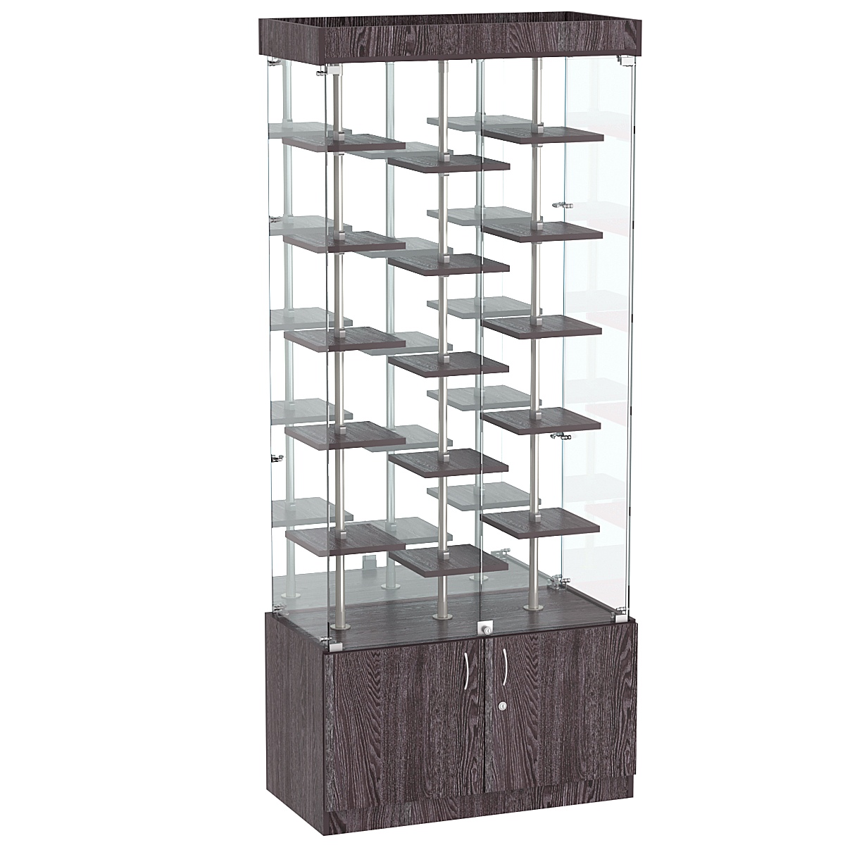 Стеклянная торговая витрина с тридцатью маленькими полками ДСП серии Протон №3-2 Ясень Анкор темный - U31105