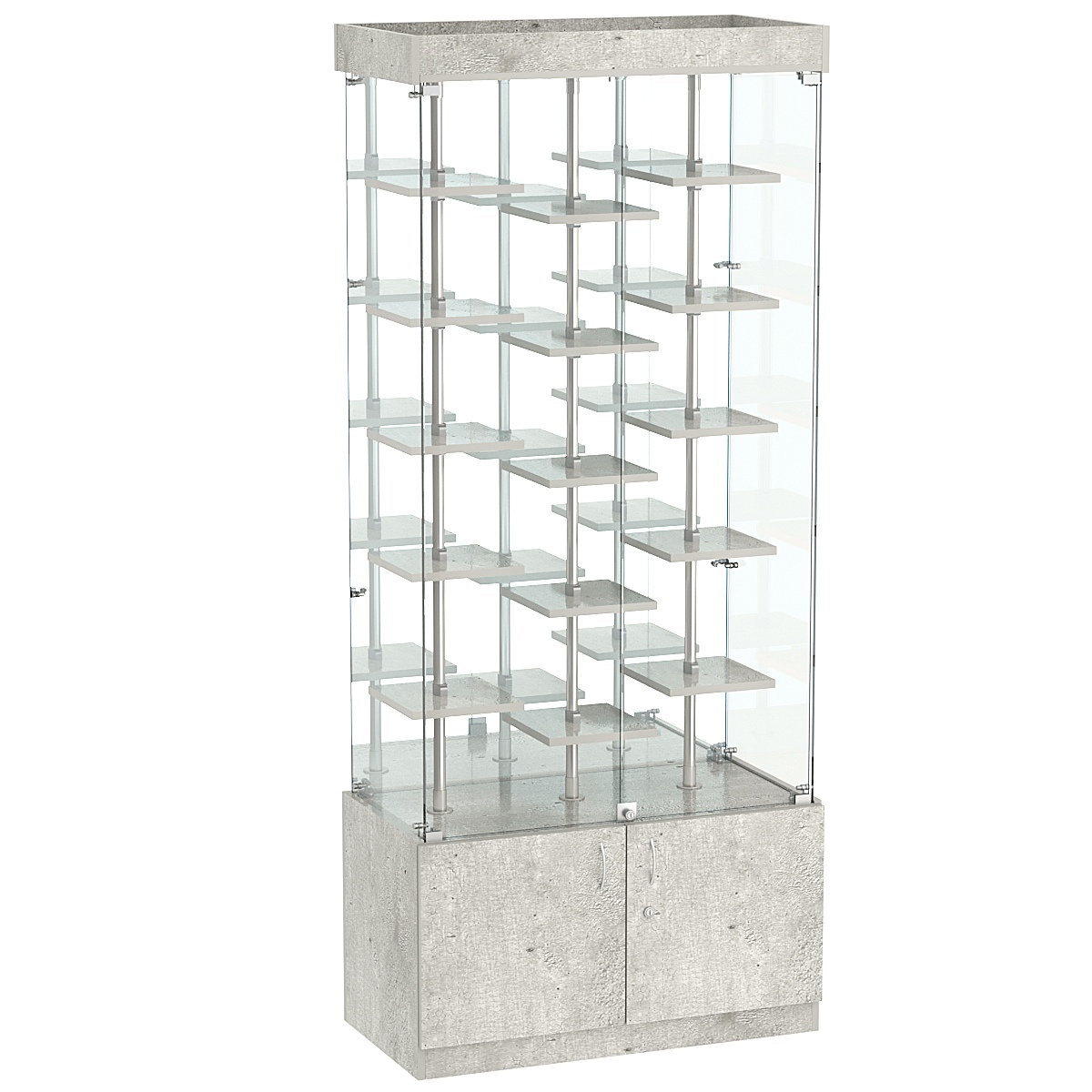 Стеклянная торговая витрина с тридцатью маленькими полками ДСП серии Протон №3-2 Метрополитан Грей