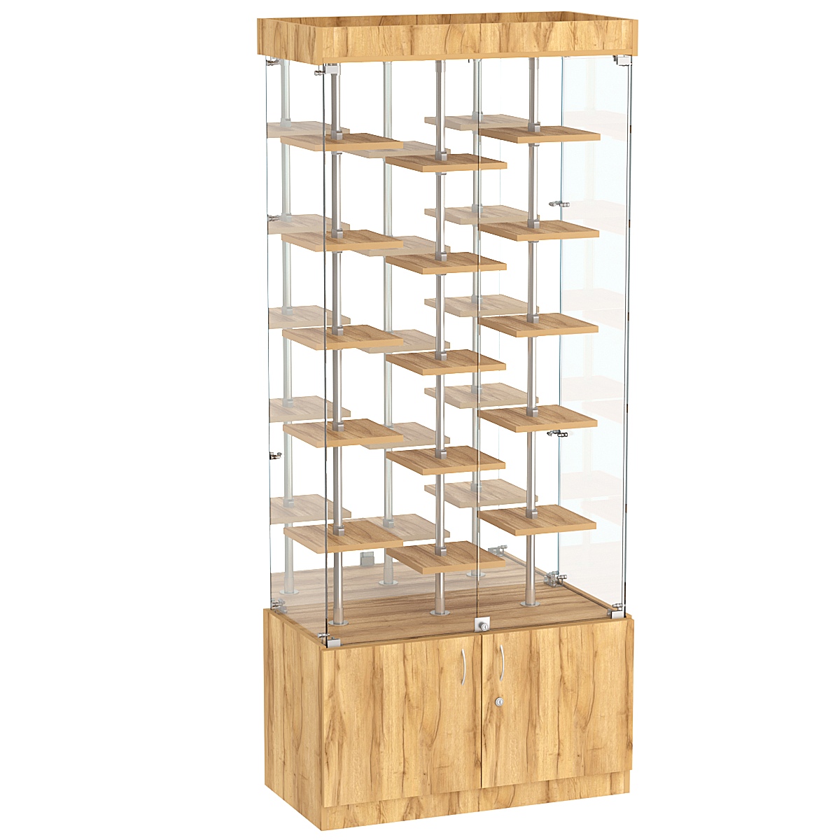 Стеклянная торговая витрина с тридцатью маленькими полками ДСП серии Протон №3-2 Дуб Золотистый