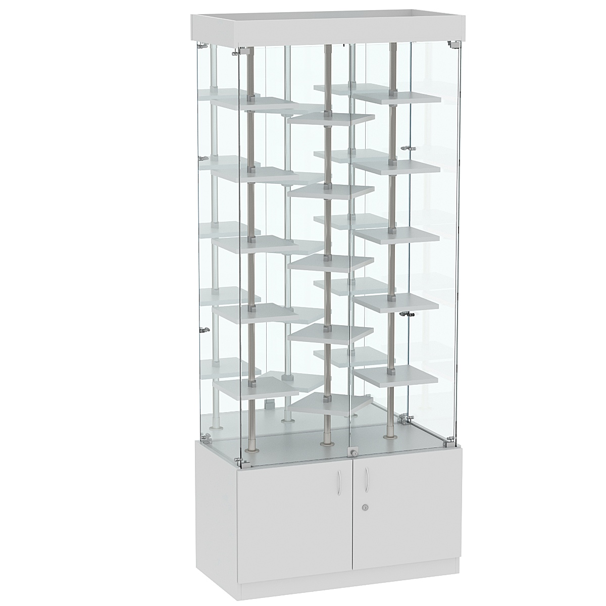 Стеклянная торговая витрина с хромирован- ными стойками и маленькими полками ДСП серии Протон №3-3 Серый