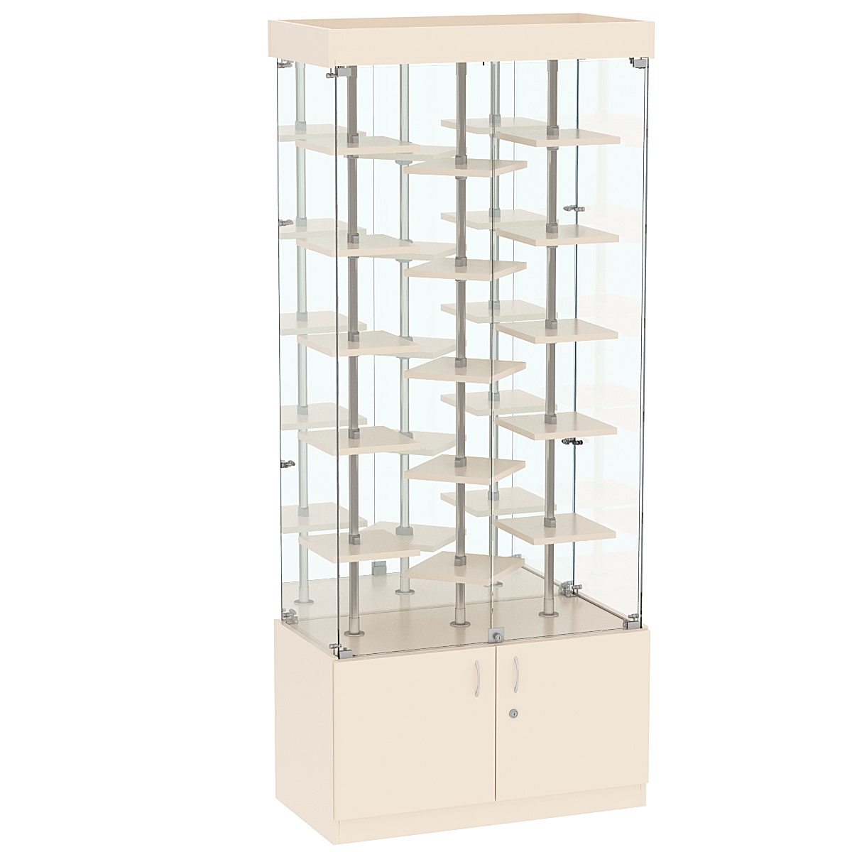 Стеклянная торговая витрина с хромирован- ными стойками и маленькими полками ДСП серии Протон №3-3 Крем Вайс