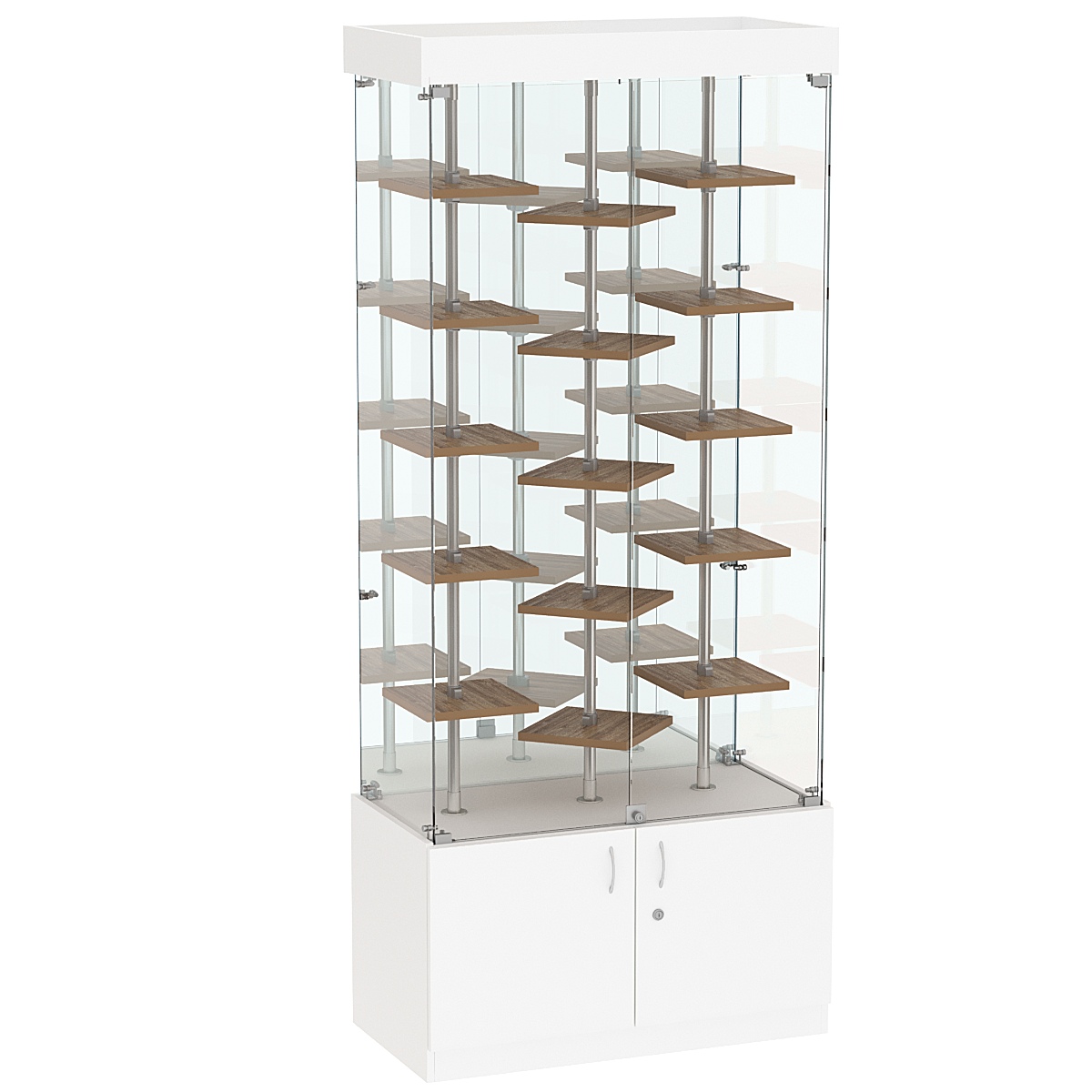 Стеклянная торговая витрина с хромирован- ными стойками и маленькими полками ДСП серии Протон №3-3 Белый + Дуб Канзас коричневый