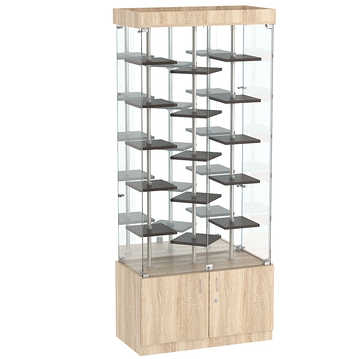 Стеклянная торговая витрина с хромирован- ными стойками и маленькими полками ДСП серии Протон №3-3 Дуб Сонома + Дуб Венге