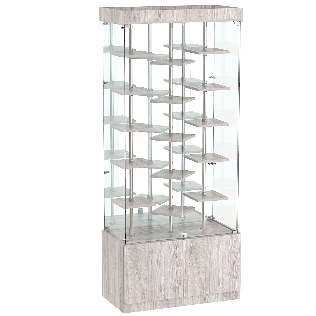 Стеклянная торговая витрина с хромирован- ными стойками и маленькими полками ДСП серии Протон №3-3 Ясень Анкор светлый - U31104