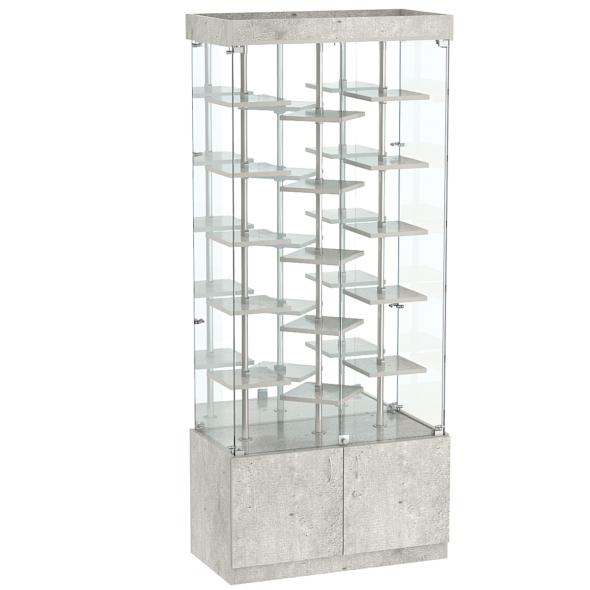 Стеклянная торговая витрина с хромирован- ными стойками и маленькими полками ДСП серии Протон №3-3 Метрополитан Грей