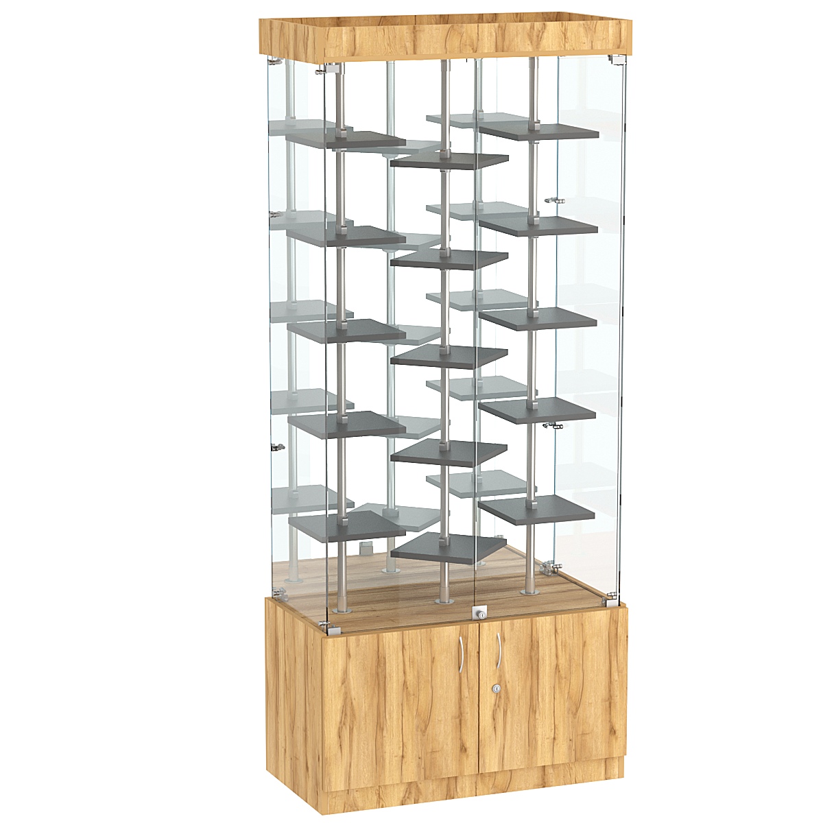 Стеклянная торговая витрина с хромирован- ными стойками и маленькими полками ДСП серии Протон №3-3 Дуб Золотистый и Темно-Серый