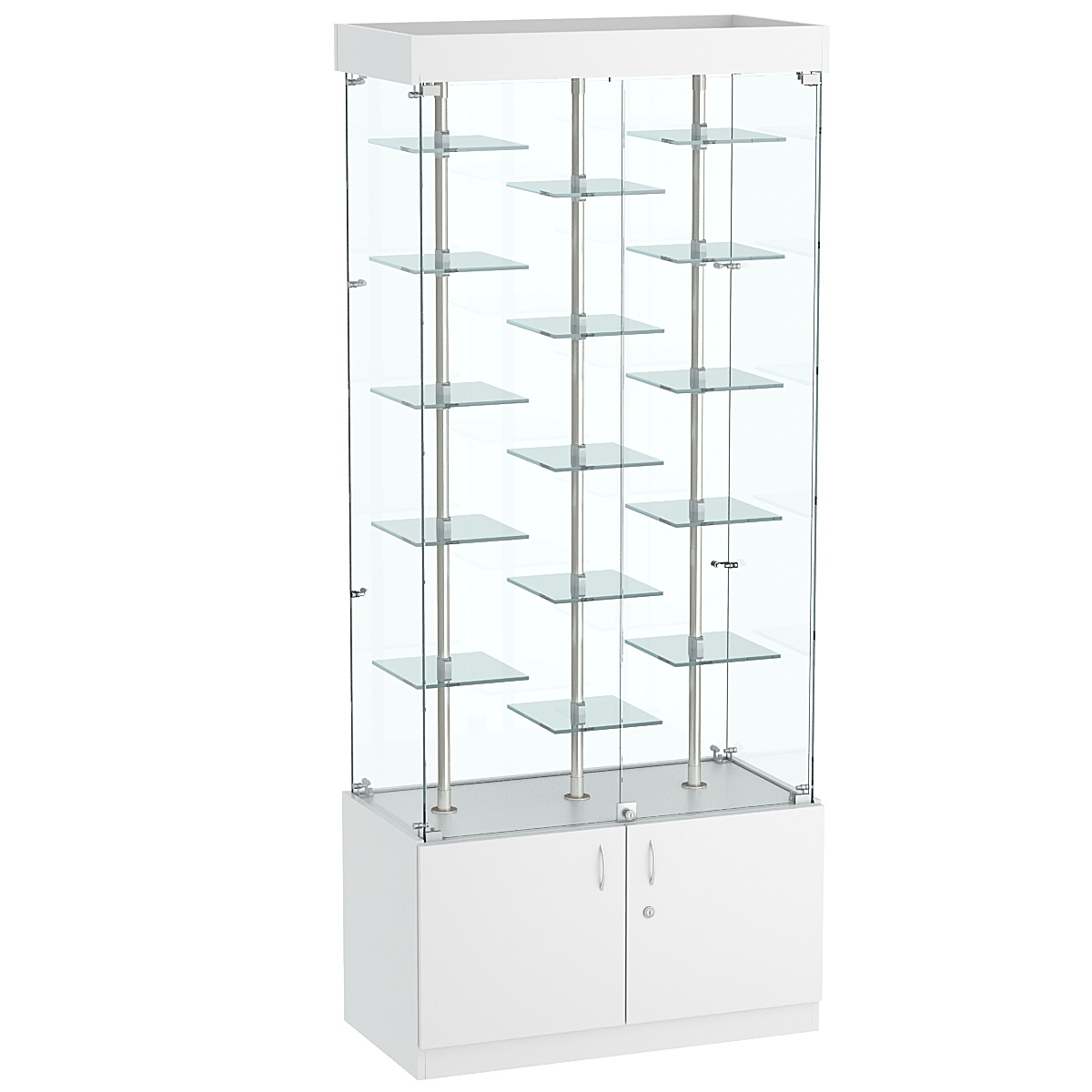 Стеклянная торговая витрина в прозрачном каркасе с маленькими зеркальными полками Квант №1-2 Серый