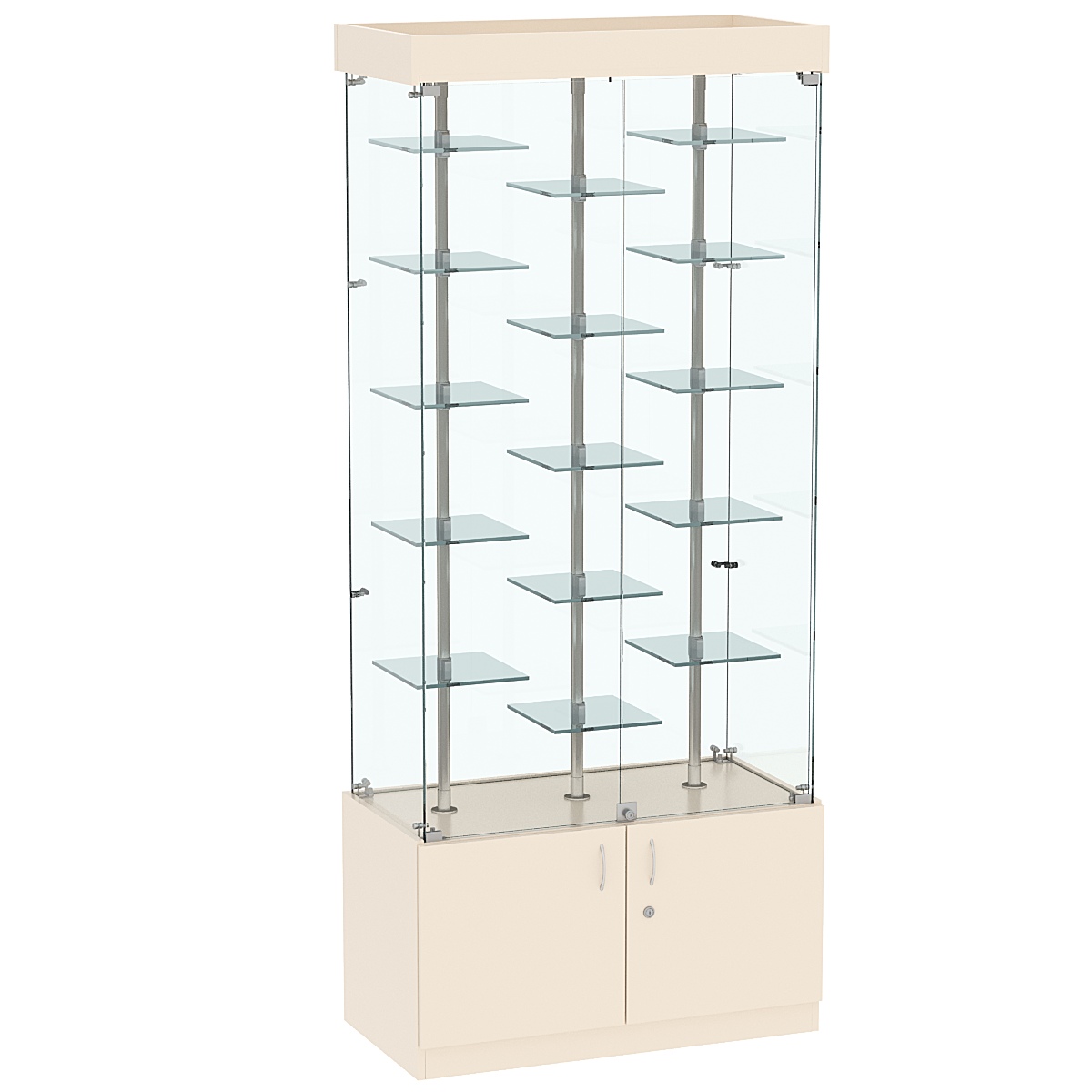 Стеклянная торговая витрина в прозрачном каркасе с маленькими зеркальными полками Квант №1-2 Крем Вайс