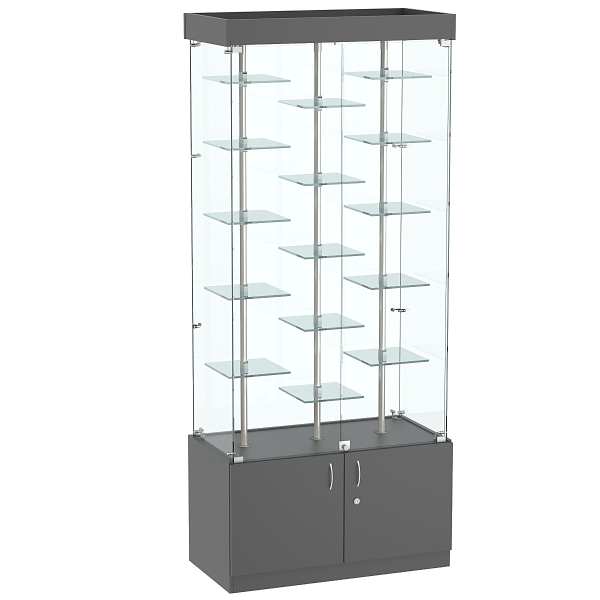 Стеклянная торговая витрина в прозрачном каркасе с маленькими зеркальными полками Квант №1-2 Темно-Серый