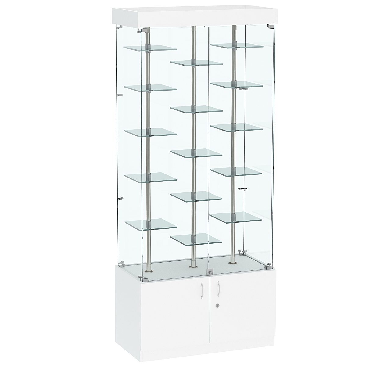 Стеклянная торговая витрина в прозрачном каркасе с маленькими зеркальными полками Квант №1-2 Белый