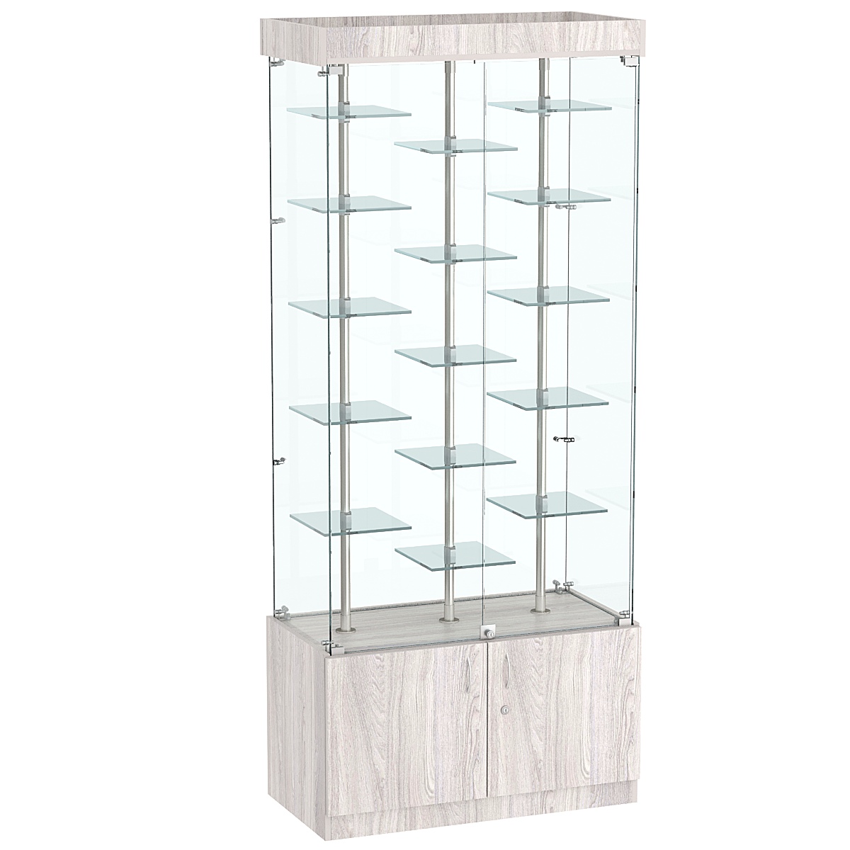 Стеклянная торговая витрина в прозрачном каркасе с маленькими зеркальными полками Квант №1-2 Ясень Анкор светлый - U31104