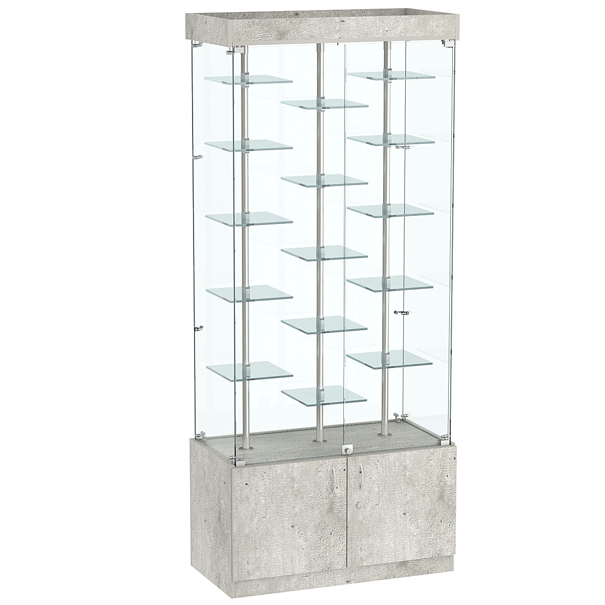 Стеклянная торговая витрина в прозрачном каркасе с маленькими зеркальными полками Квант №1-2 Метрополитан Грей