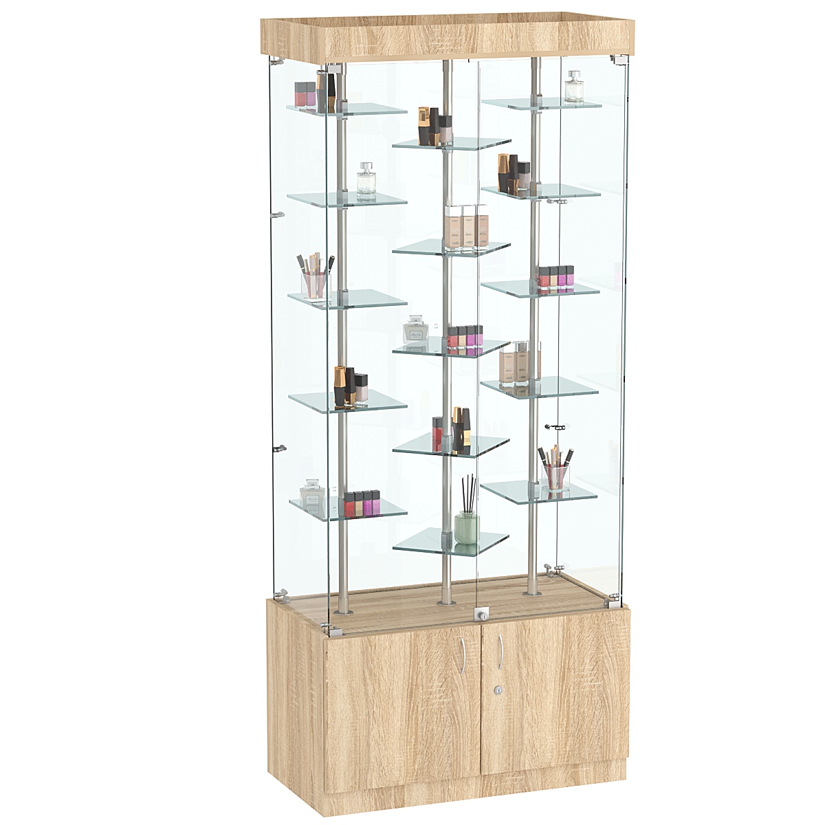 Стеклянная торговая витрина с накопителем и маленькими зеркальными полками Квант №1-3 Дуб сонома