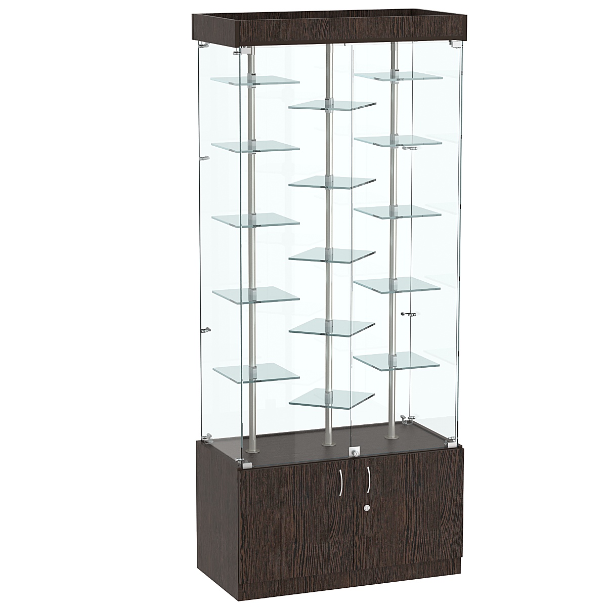 Стеклянная торговая витрина с накопителем и маленькими зеркальными полками Квант №1-3 Дуб Венге