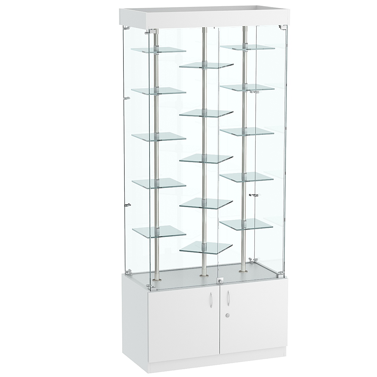 Стеклянная торговая витрина с накопителем и маленькими зеркальными полками Квант №1-3 Серый