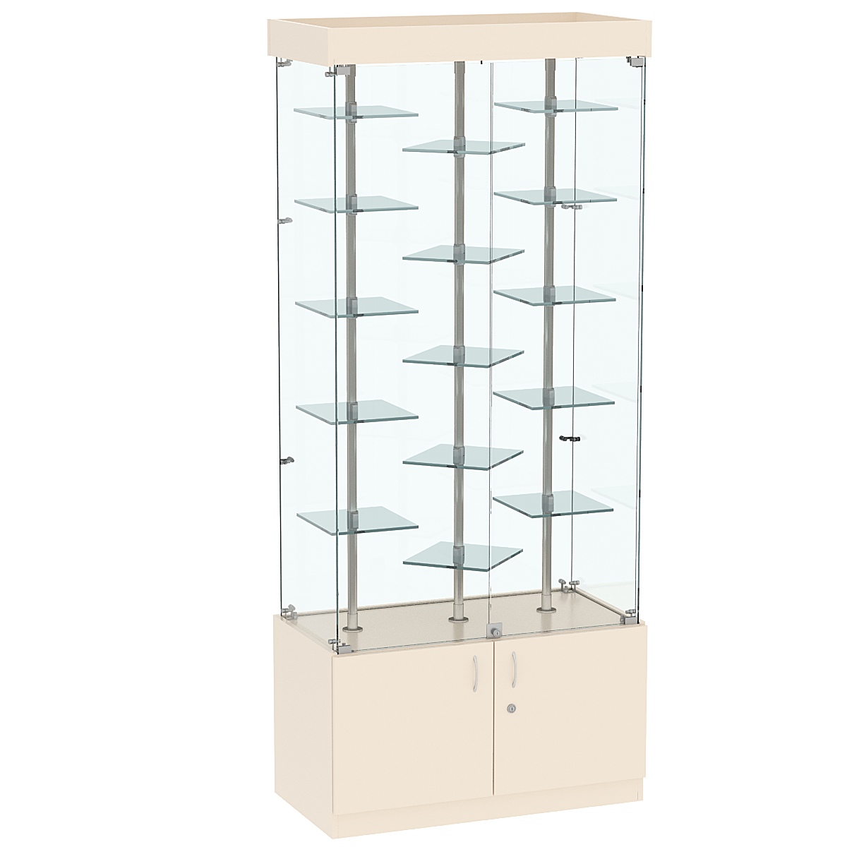 Стеклянная торговая витрина с накопителем и маленькими зеркальными полками Квант №1-3 Крем Вайс