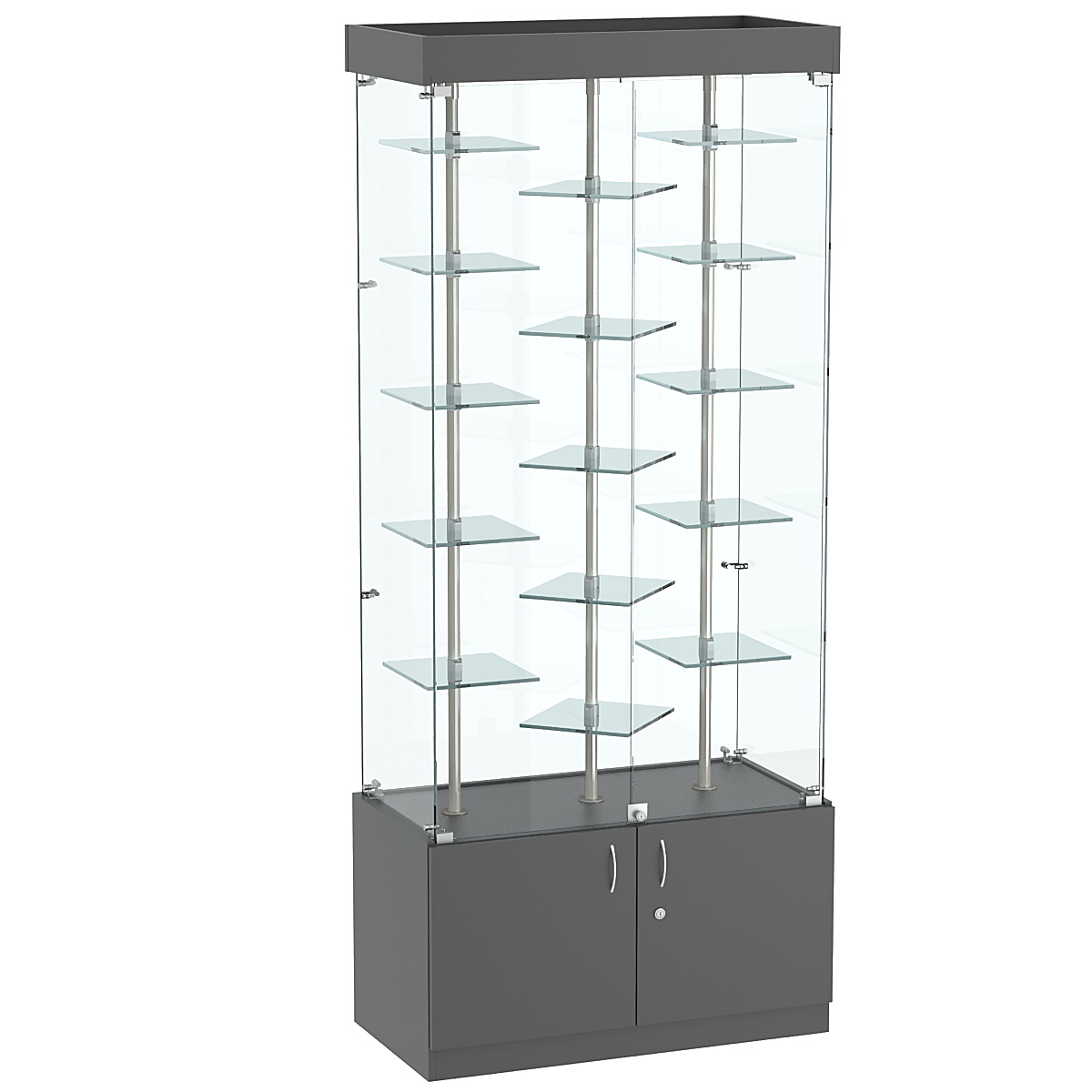 Стеклянная торговая витрина с накопителем и маленькими зеркальными полками Квант №1-3 Темно-Серый