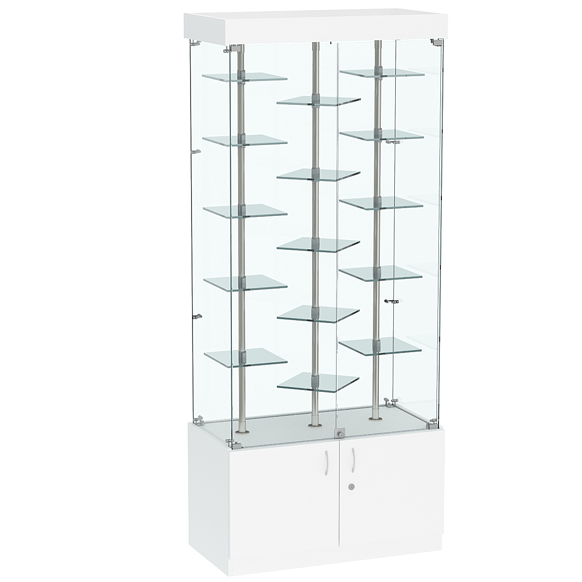 Стеклянная торговая витрина с накопителем и маленькими зеркальными полками Квант №1-3 Белый