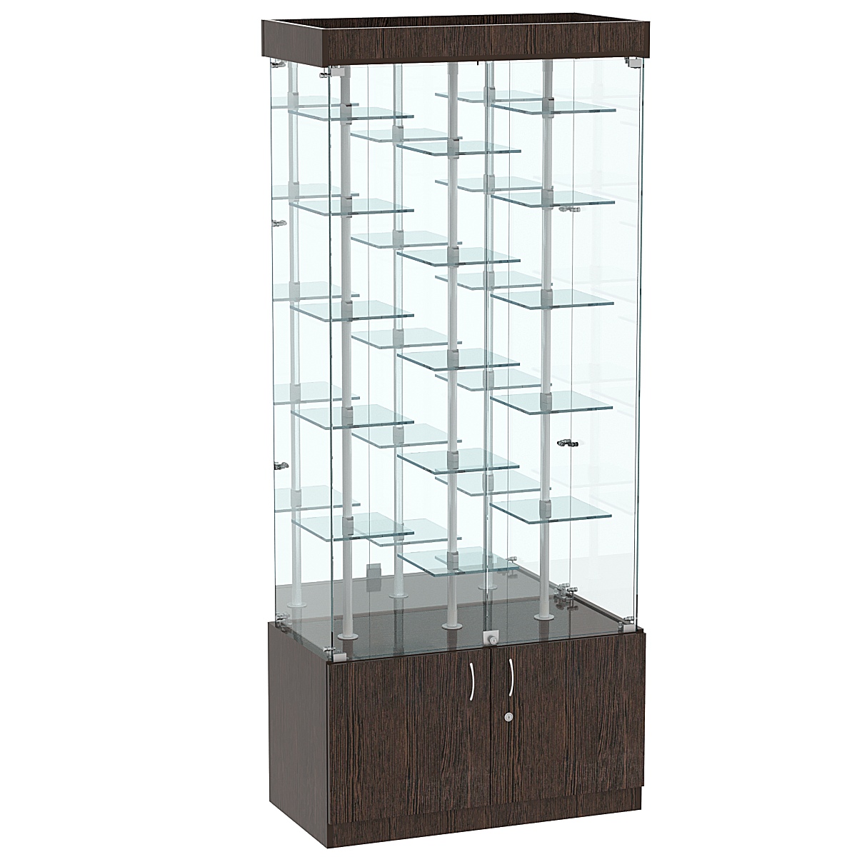 Стеклянная торговая витрина с распашными дверками и маленькими зеркальными полками Квант №3-2 Дуб Венге