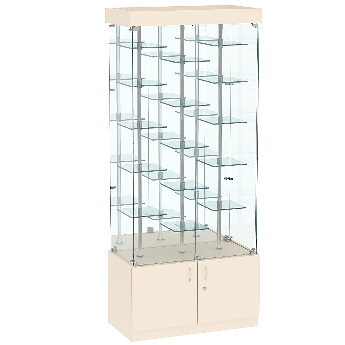 Стеклянная торговая витрина с распашными дверками и маленькими зеркальными полками Квант №3-2 Крем Вайс