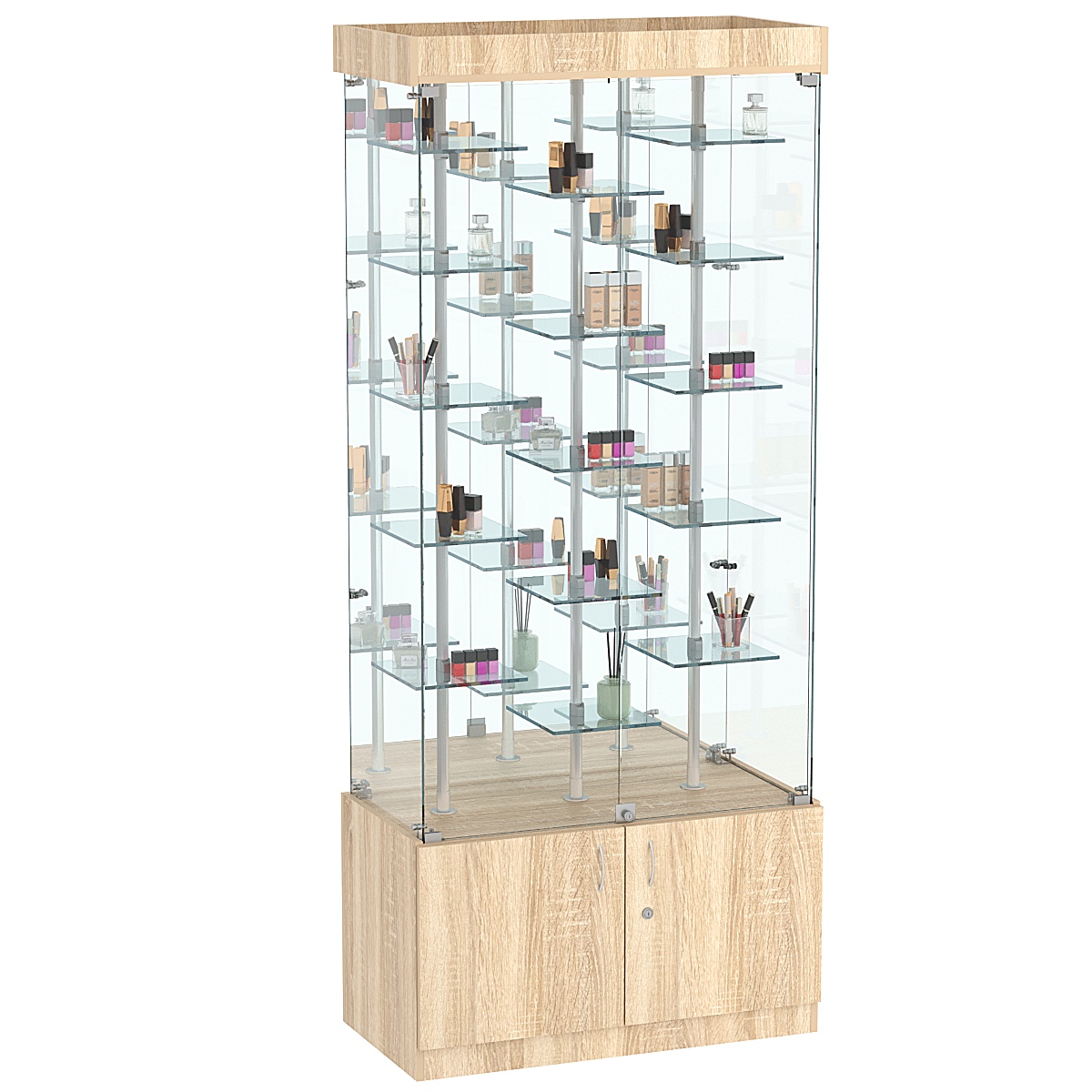 Стеклянная торговая витрина с распашными дверками и маленькими зеркальными полками Квант №3-2 Дуб сонома