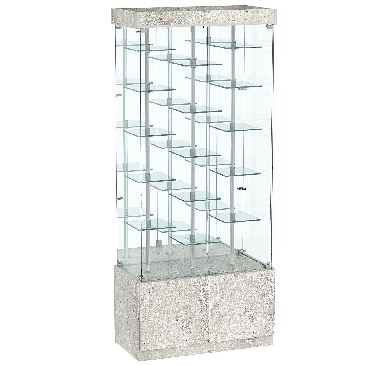 Стеклянная торговая витрина с распашными дверками и маленькими зеркальными полками Квант №3-2 Метрополитан Грей