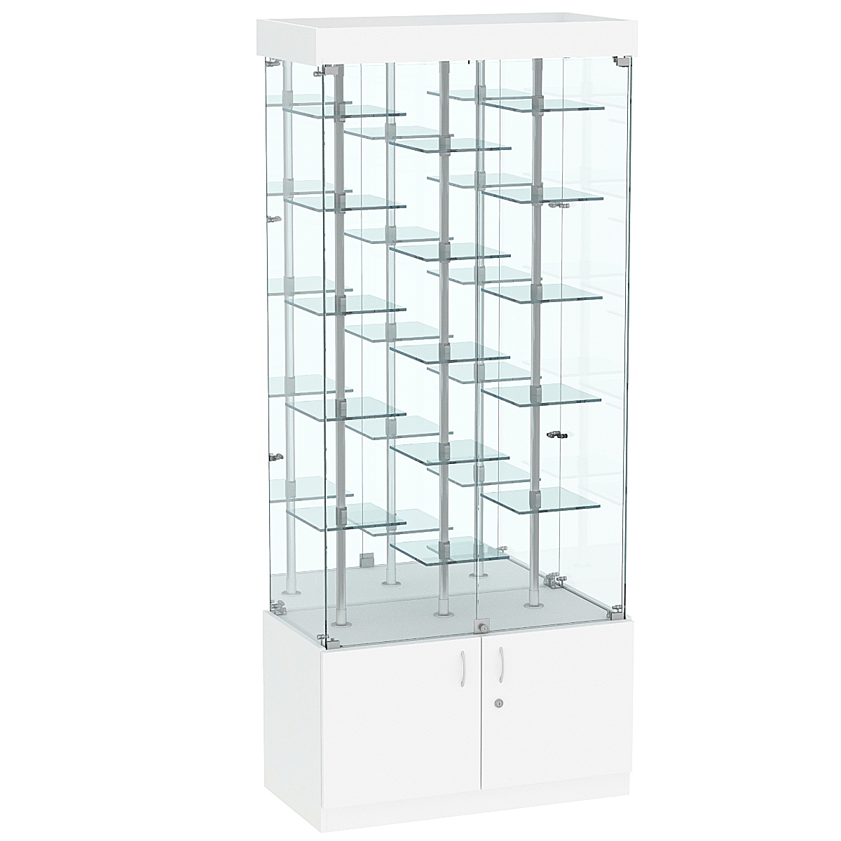 Стеклянная торговая витрина с распашными дверками и маленькими зеркальными полками Квант №3-2 Белый