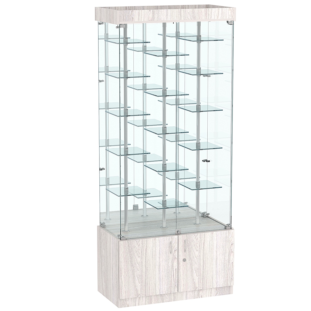 Стеклянная торговая витрина с распашными дверками и маленькими зеркальными полками Квант №3-2 Ясень Анкор светлый - U31104