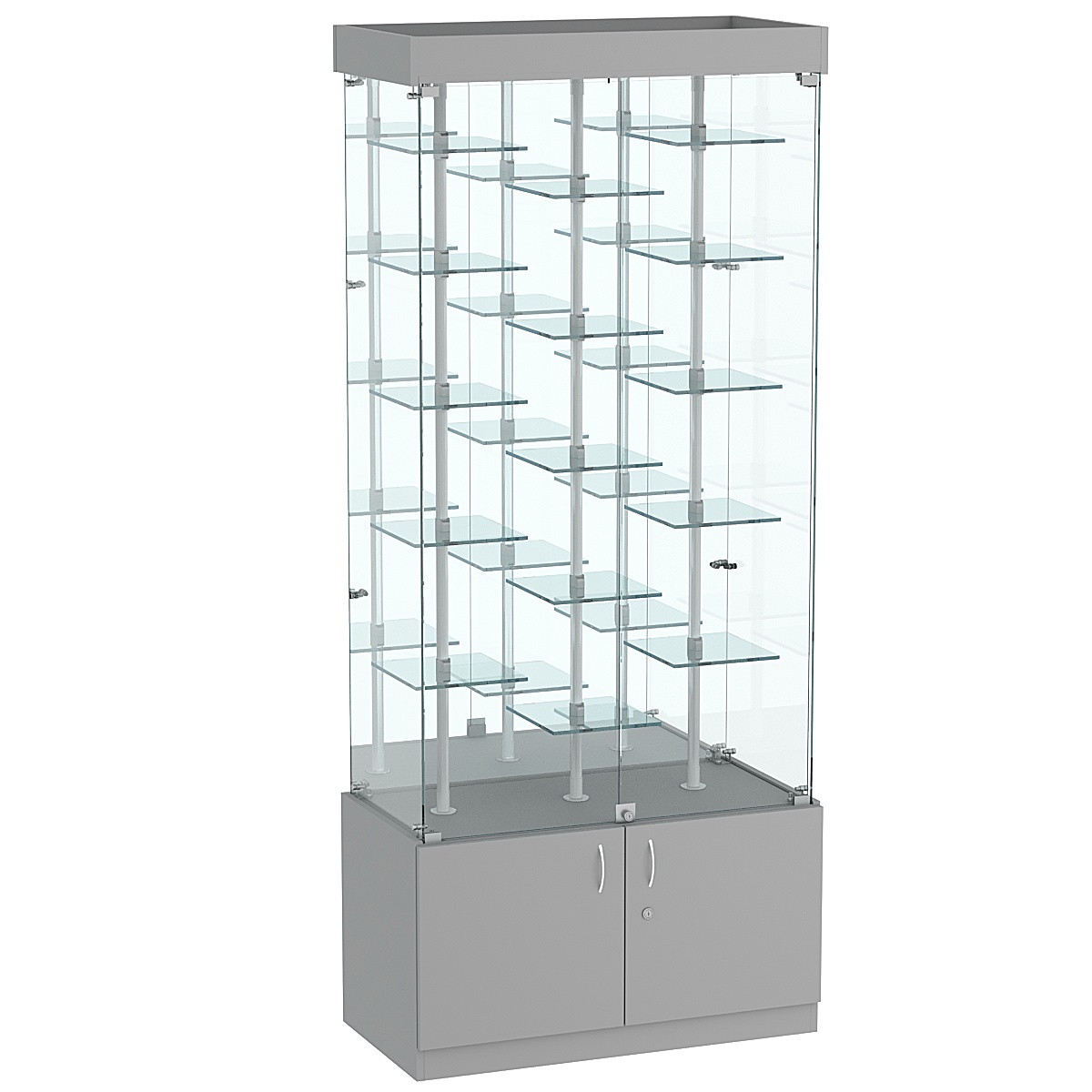 Стеклянная торговая витрина с распашными дверками и маленькими зеркальными полками Квант №3-2 Темно-Серый