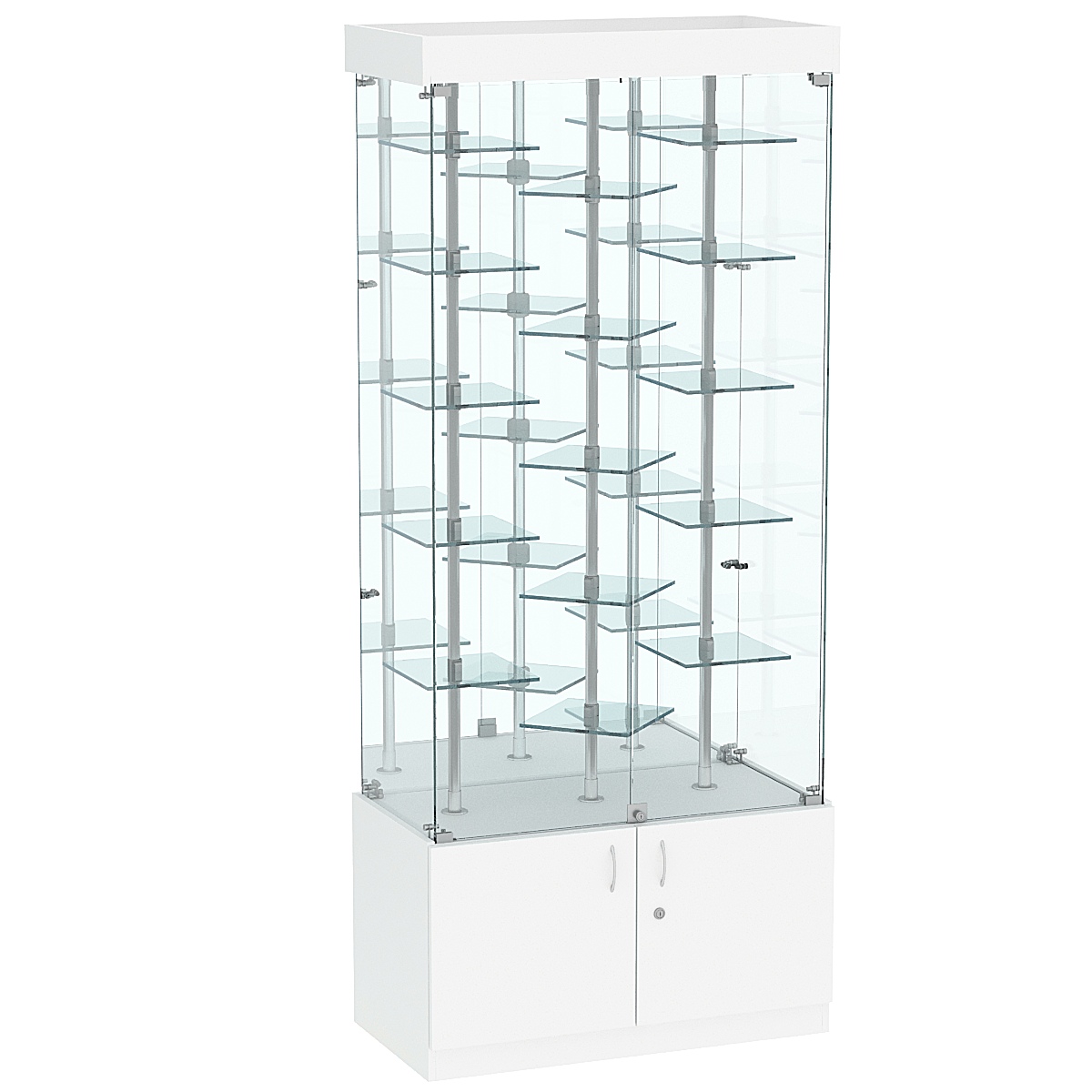 Стеклянная торговая витрина с маленькими зеркальными полками на хромированных держателях Квант №3-3 Белый