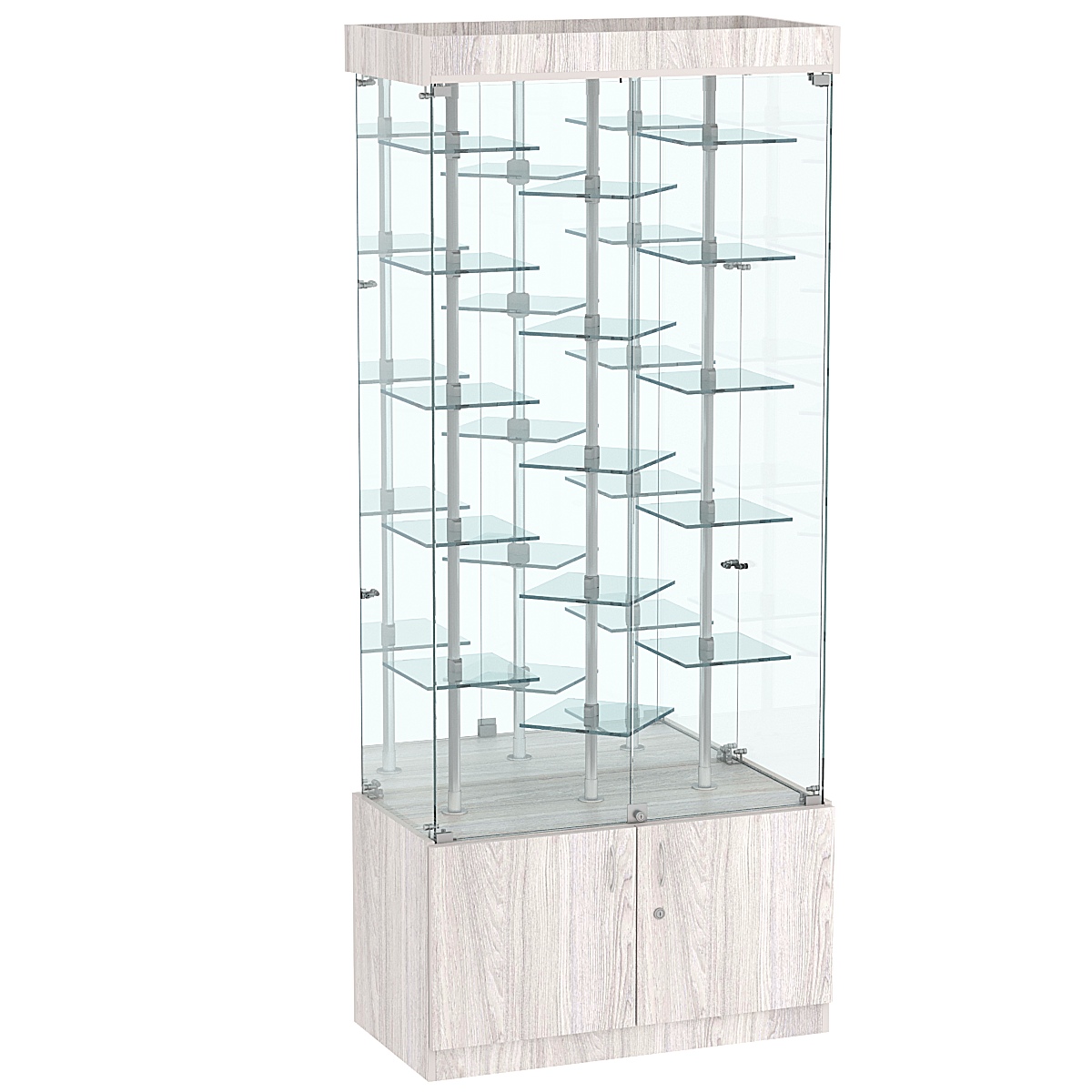 Стеклянная торговая витрина с маленькими зеркальными полками на хромированных держателях Квант №3-3 Ясень Анкор светлый - U31104