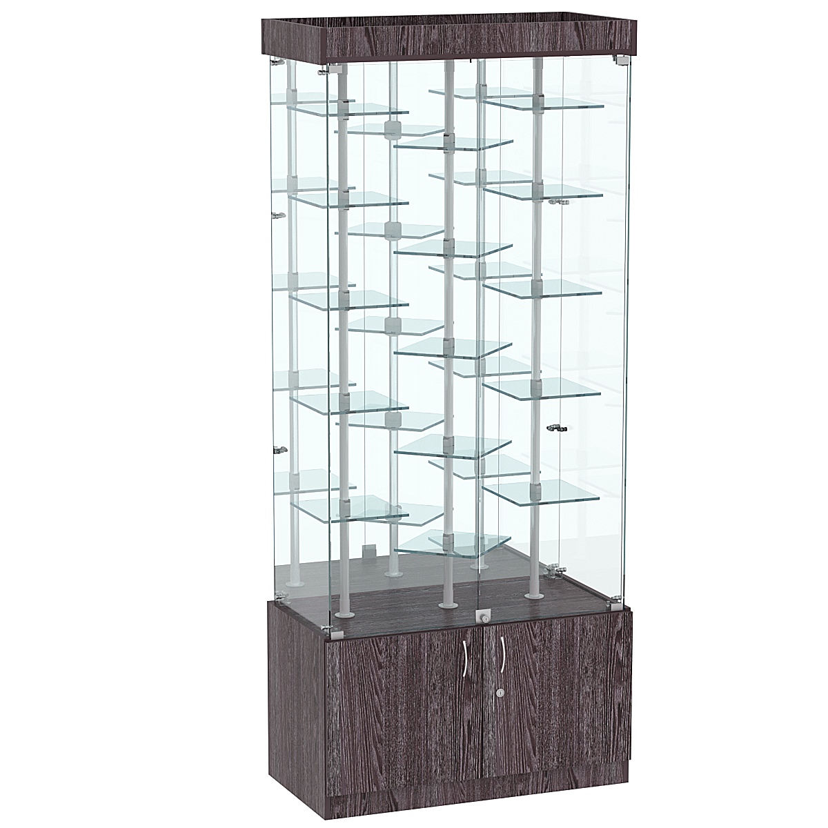 Стеклянная торговая витрина с маленькими зеркальными полками на хромированных держателях Квант №3-3 Ясень Анкор темный - U31105