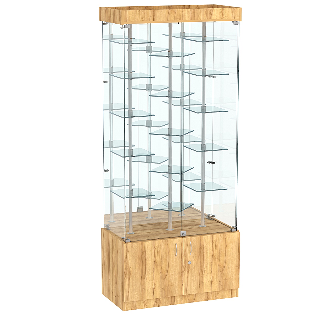 Стеклянная торговая витрина с маленькими зеркальными полками на хромированных держателях Квант №3-3 Дуб Золотистый