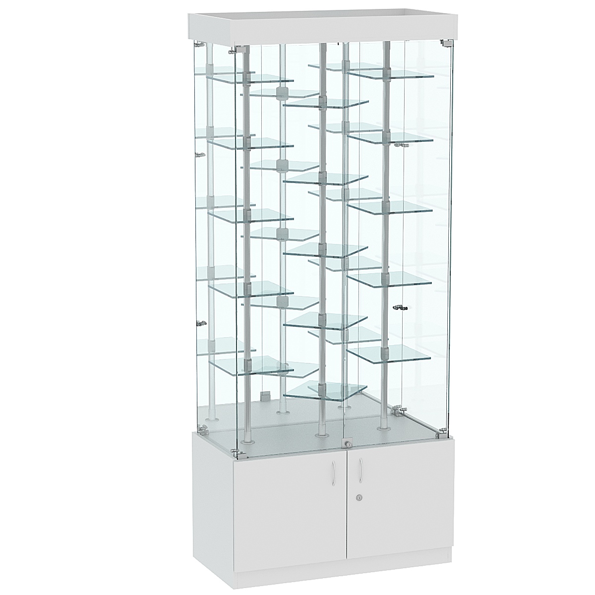 Стеклянная торговая витрина с маленькими зеркальными полками на хромированных держателях Квант №3-3 Серый