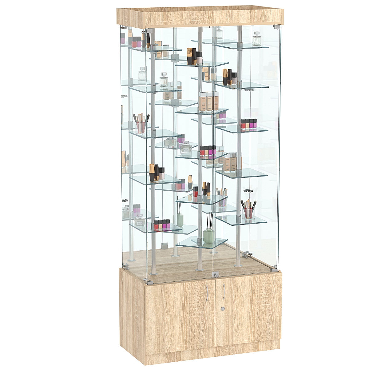 Стеклянная торговая витрина с маленькими зеркальными полками на хромированных держателях Квант №3-3 Дуб сонома