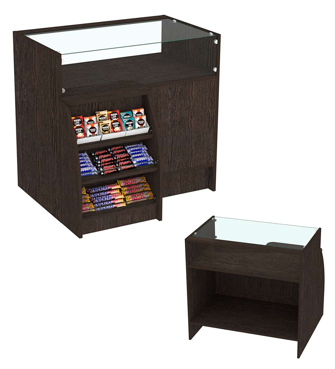 Торговый кассовый прилавок импульсных покупок малый с полками Импульс №3-1-450 Дуб Венге