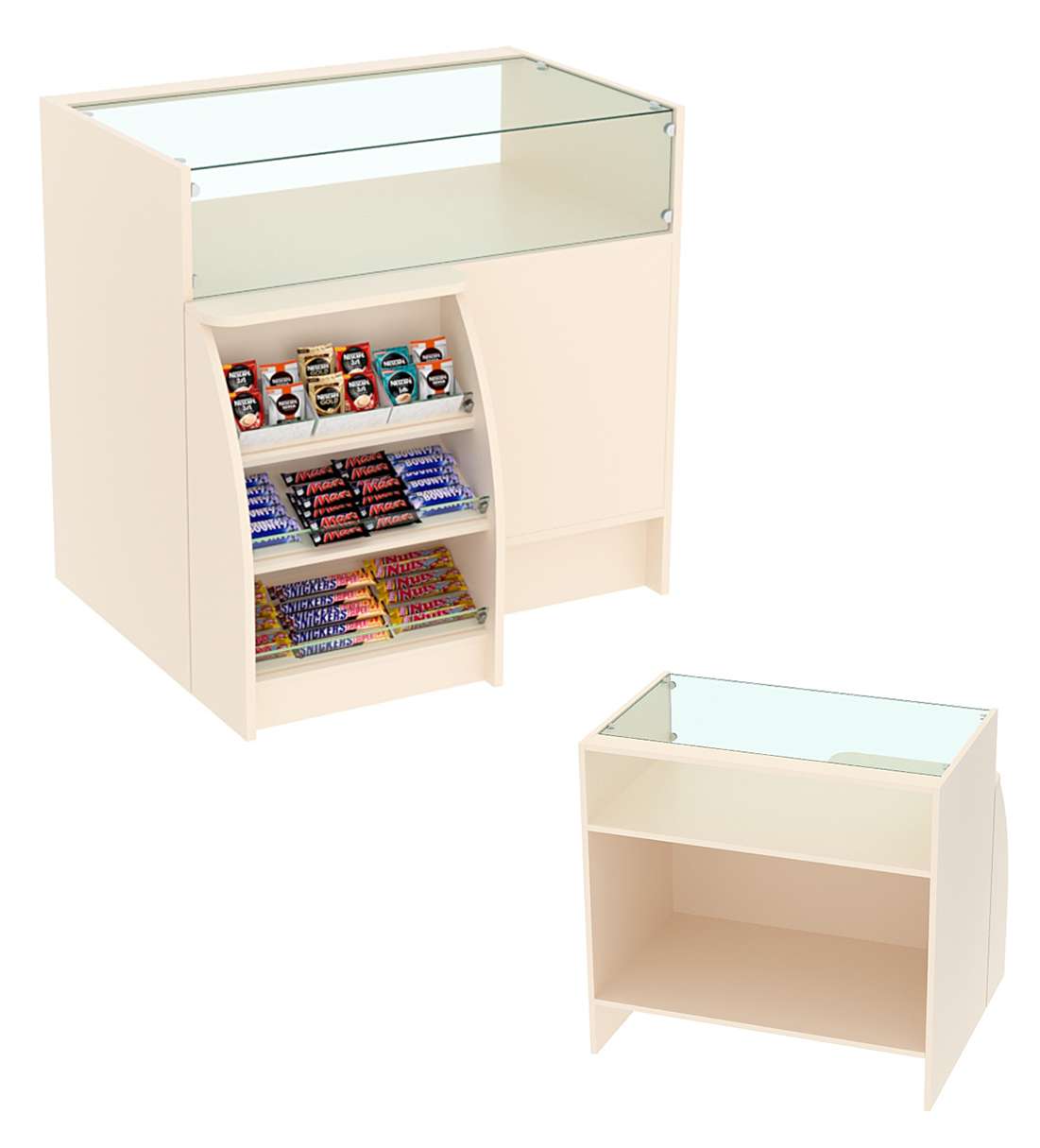 Торговый кассовый прилавок импульсных покупок малый с полками Импульс №3-1-450 Крем Вайс