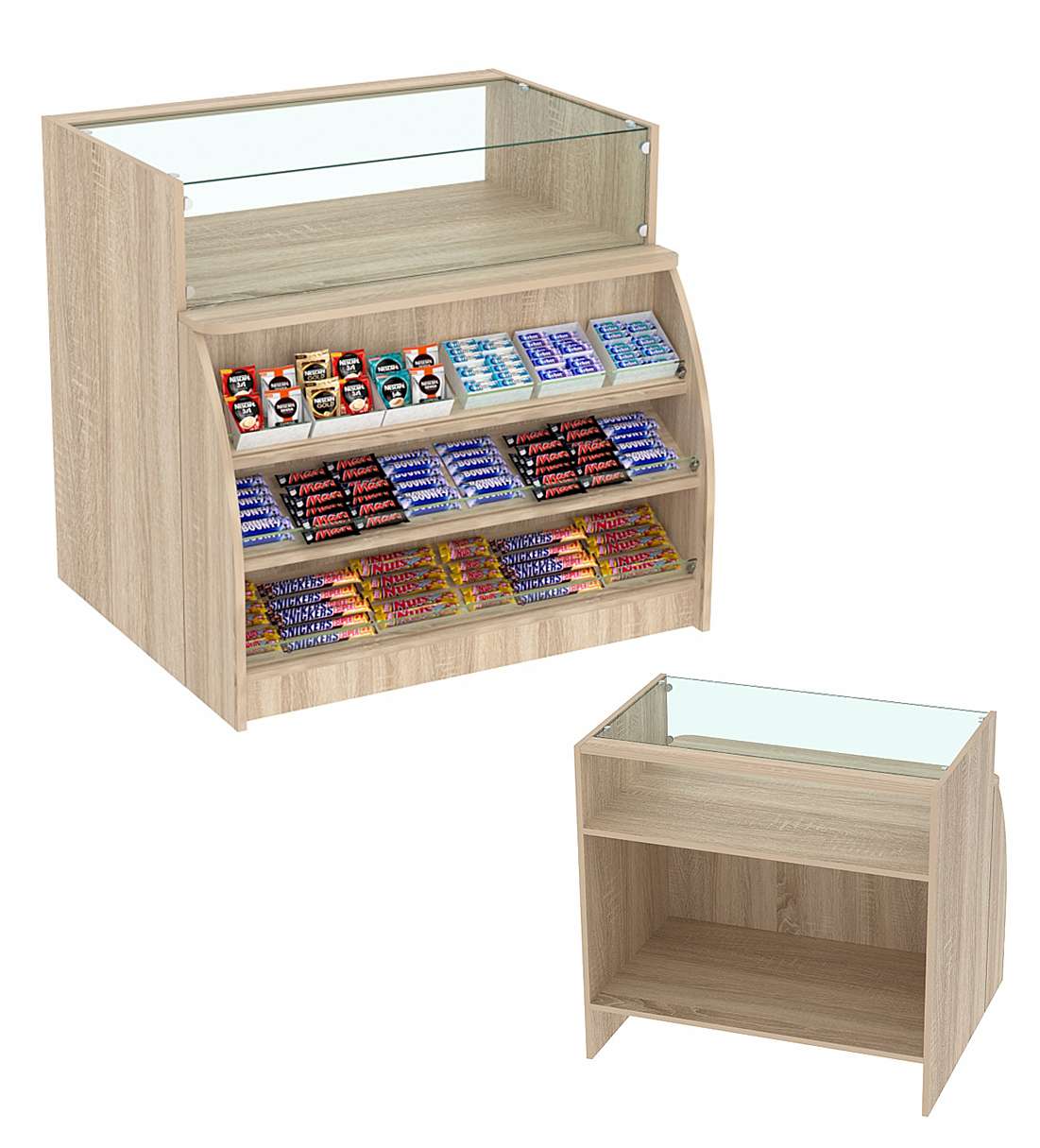 Торговый кассовый прилавок импульсных покупок со стеклянным верхом Импульс №3-1-900 Дуб сонома